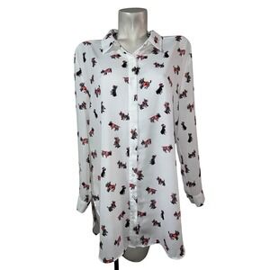COMO VINTAGE Top White Scottish Terrier Dog Print Button Shirt Blouse Women's L